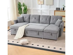 Sofá de canto em forma de U com 3 lugares e espaço para arrumação - Sofá-cama em tecido chenille - Cinza