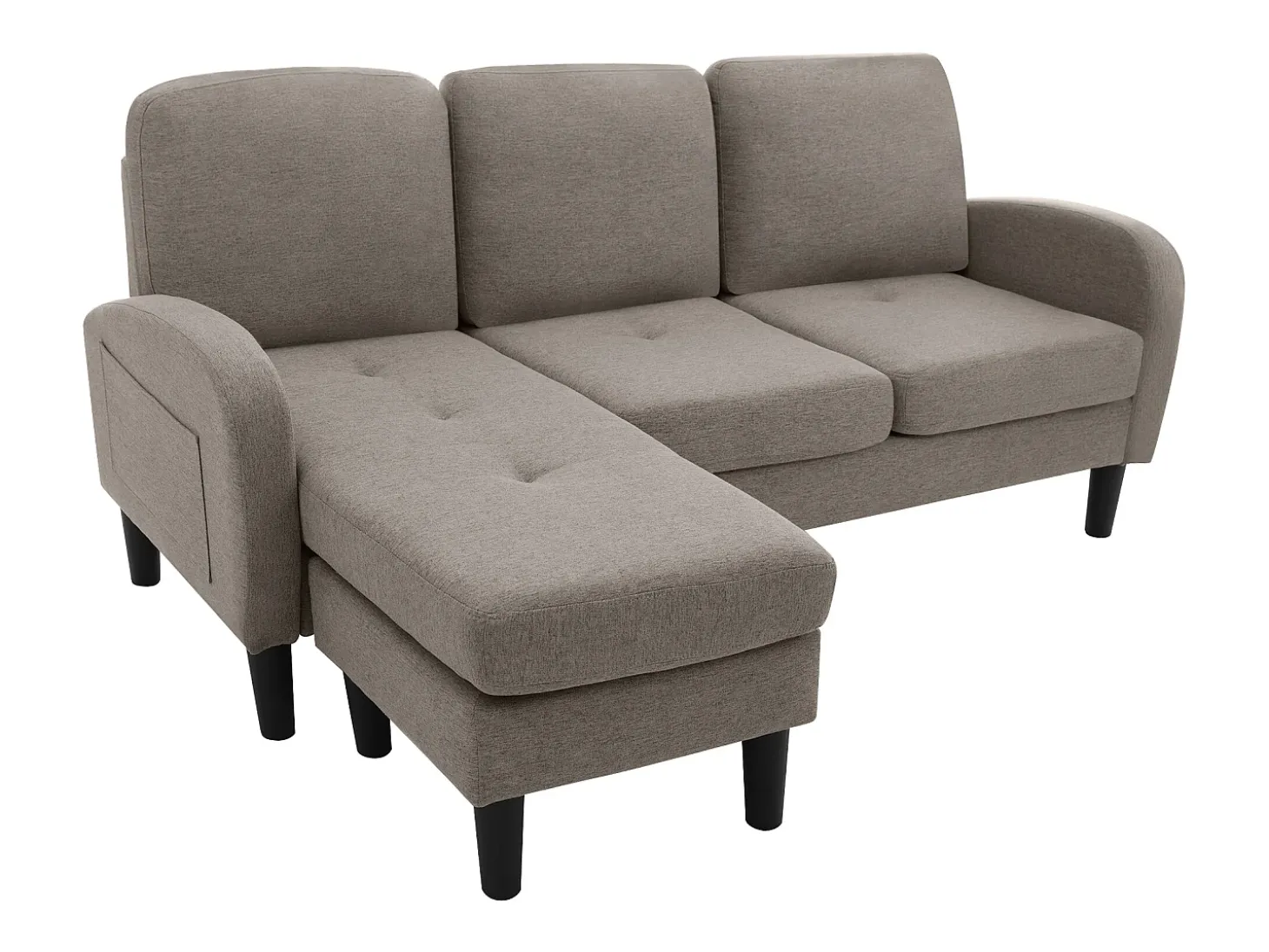 Sofá de canto em forma de L, 185 x 118 x 82 cm, tecido de algodão respirável, pés de plástico, design modular, cinzento