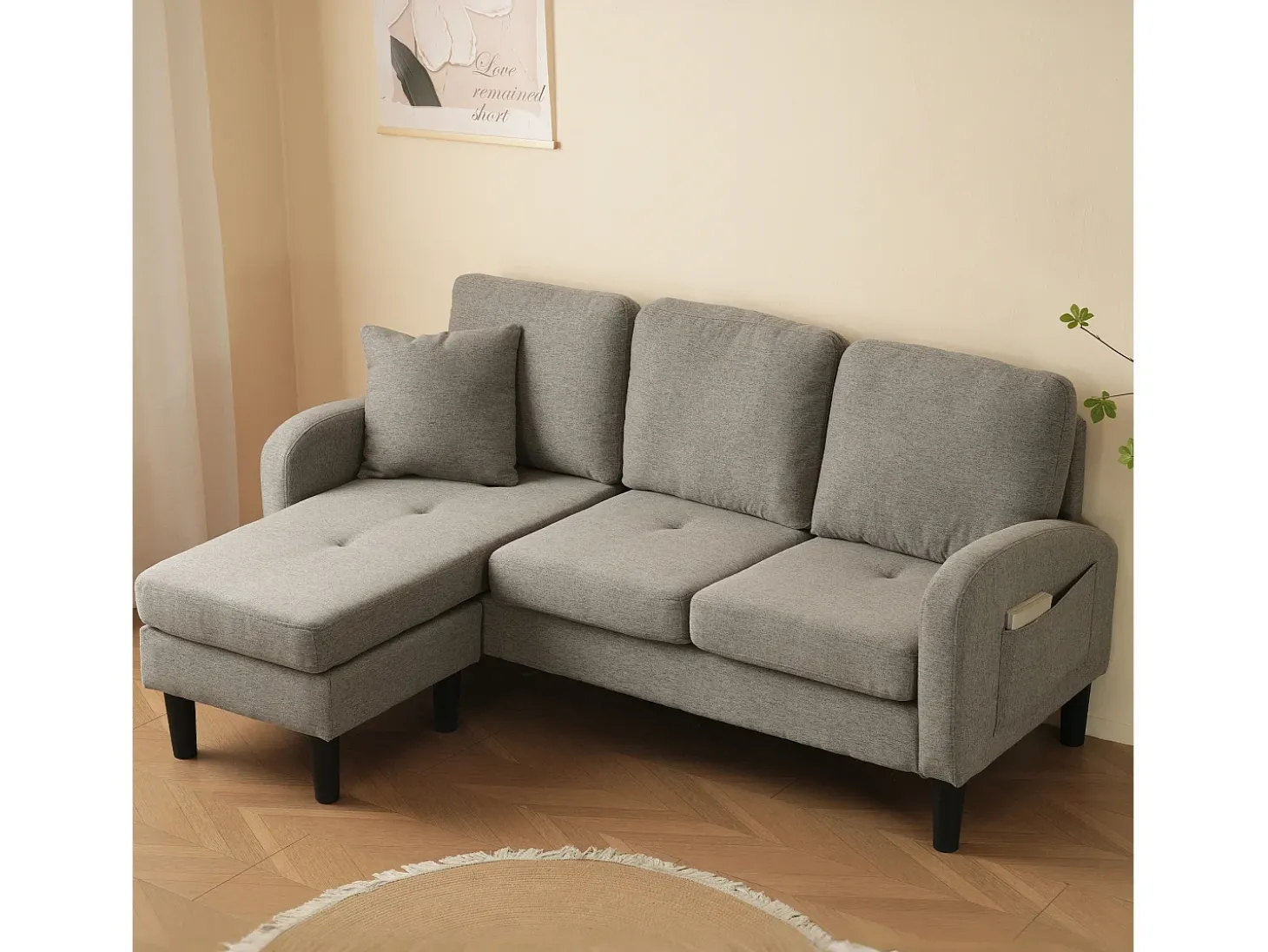 Sofá de canto em forma de L, 185 x 118 x 82 cm, tecido de algodão respirável, pés de plástico, design modular, cinzento