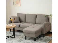 Sofá de canto em forma de L, 185 x 118 x 82 cm, tecido de algodão respirável, pés de plástico, design modular, cinzento