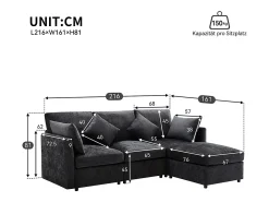 Sofá de canto em forma de L, design moderno, sofá em tecido chenille, sofá de três lugares, escabelo, cinzento
