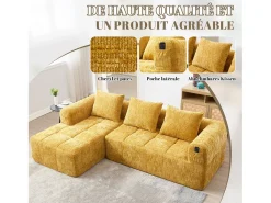 Sofá de canto em forma de L com 3 lugares, 3 almofadas e bolso lateral - Chenille amarelo
