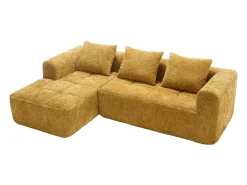 Sofá de canto em forma de L com 3 lugares, 3 almofadas e bolso lateral - Chenille amarelo