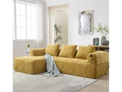 Sofá de canto em forma de L com 3 lugares, 3 almofadas e bolso lateral - Chenille amarelo
