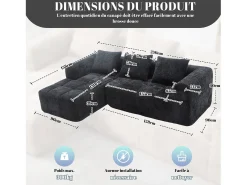 Sofá de canto em forma de L com 3 lugares, 3 almofadas e bolso lateral - Chenille Preto