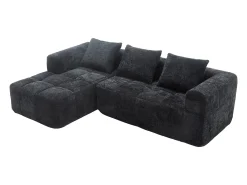 Sofá de canto em forma de L com 3 lugares, 3 almofadas e bolso lateral - Chenille Preto