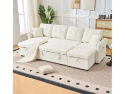 Sofá de canto em forma de U com 3 lugares e espaço para arrumação - Sofá-cama em tecido chenille - Bege