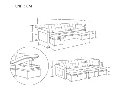 Sofá de canto em forma de U com 3 lugares e espaço para arrumação - Sofá-cama em tecido chenille - Bege