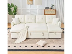 Sofá de canto em forma de U com 3 lugares e espaço para arrumação - Sofá-cama em tecido chenille - Bege