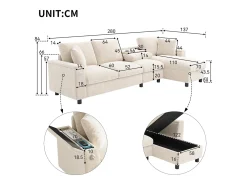 Sofá de canto em formato L com 4 lugares, com entradas USB e Type-C e espaço para arrumação - Tecido chenille bege