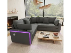 Sofá de canto em L - 4 lugares - con iluminação LED - porta de carregamento USB - veludo canelado - cinza