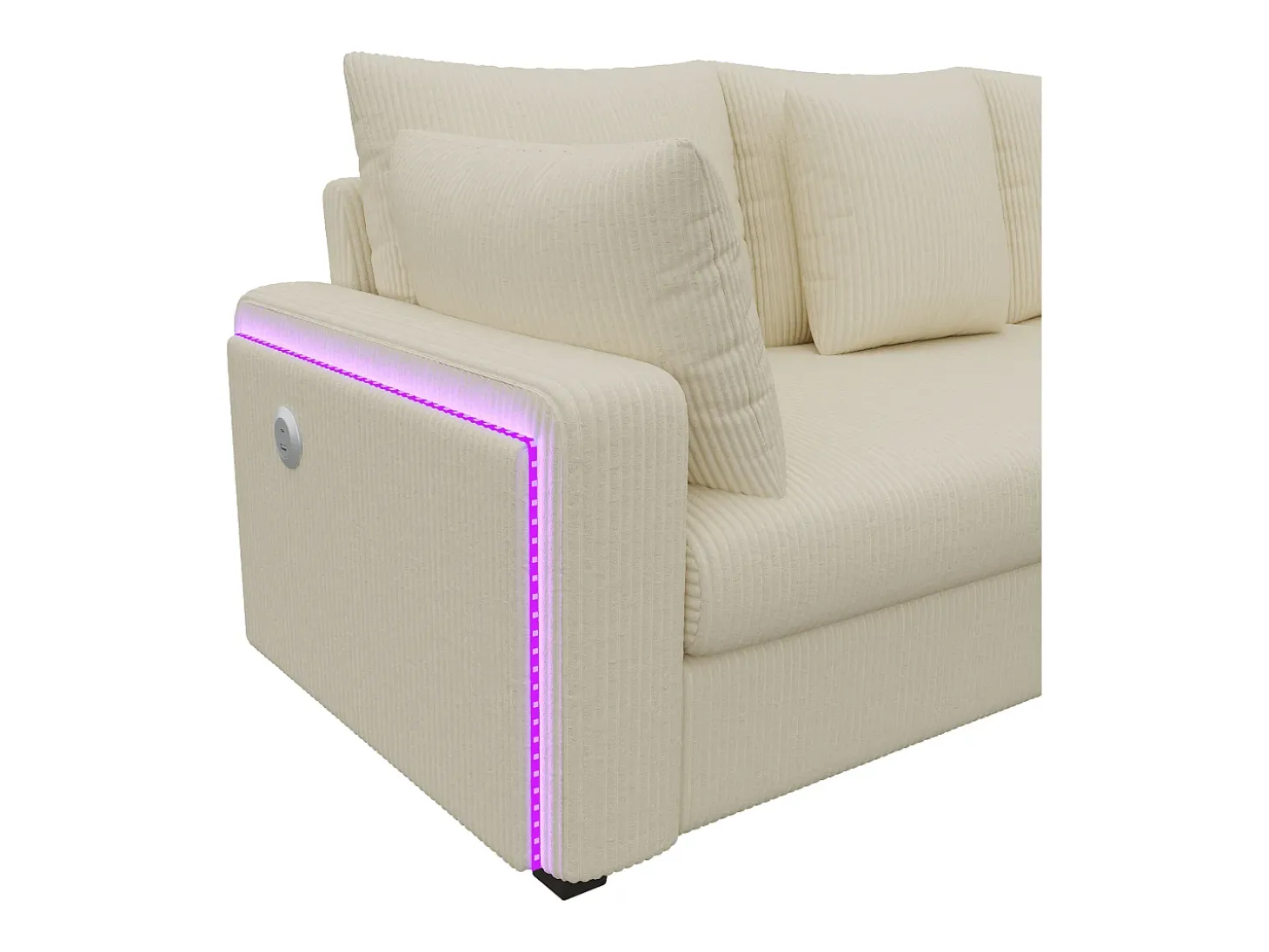 Sofá de canto em L - 4 lugares - con iluminação LED - porta de carregamento USB - veludo canelado - bege