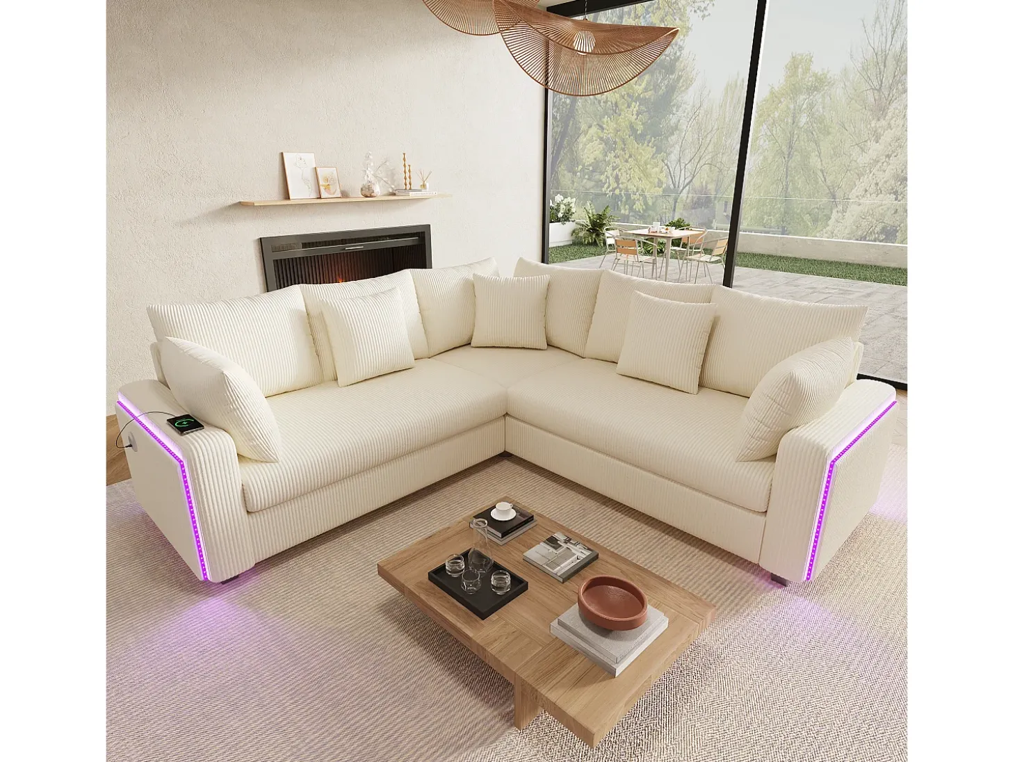 Sofá de canto em L - 4 lugares - con iluminação LED - porta de carregamento USB - veludo canelado - bege