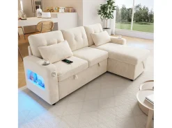 Sofá de canto em L - con espacio de armazenamento - portas USB/Type-C - porta-copos - iluminação LED - bege