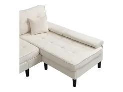 Sofá de canto em L 3 lugares - con 2 almofadas - Pouf removível - Tecido chenille - Bege