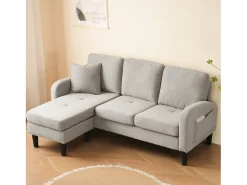 Sofá de canto em L com chaise longue – sofá de três lugares, 166 x 118 x 77 cm, tecido respirável de mistura de algodão e linho