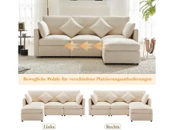 Sofá de canto em L de 4 lugares - 216 x 161 x 81 cm - com apoio para os pés - chenille - bege