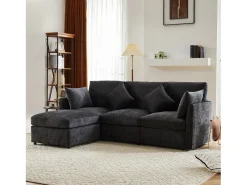 Sofá de canto em L de 4 lugares - 216 x 161 x 81 cm - com apoio para os pés - chenille - cinza