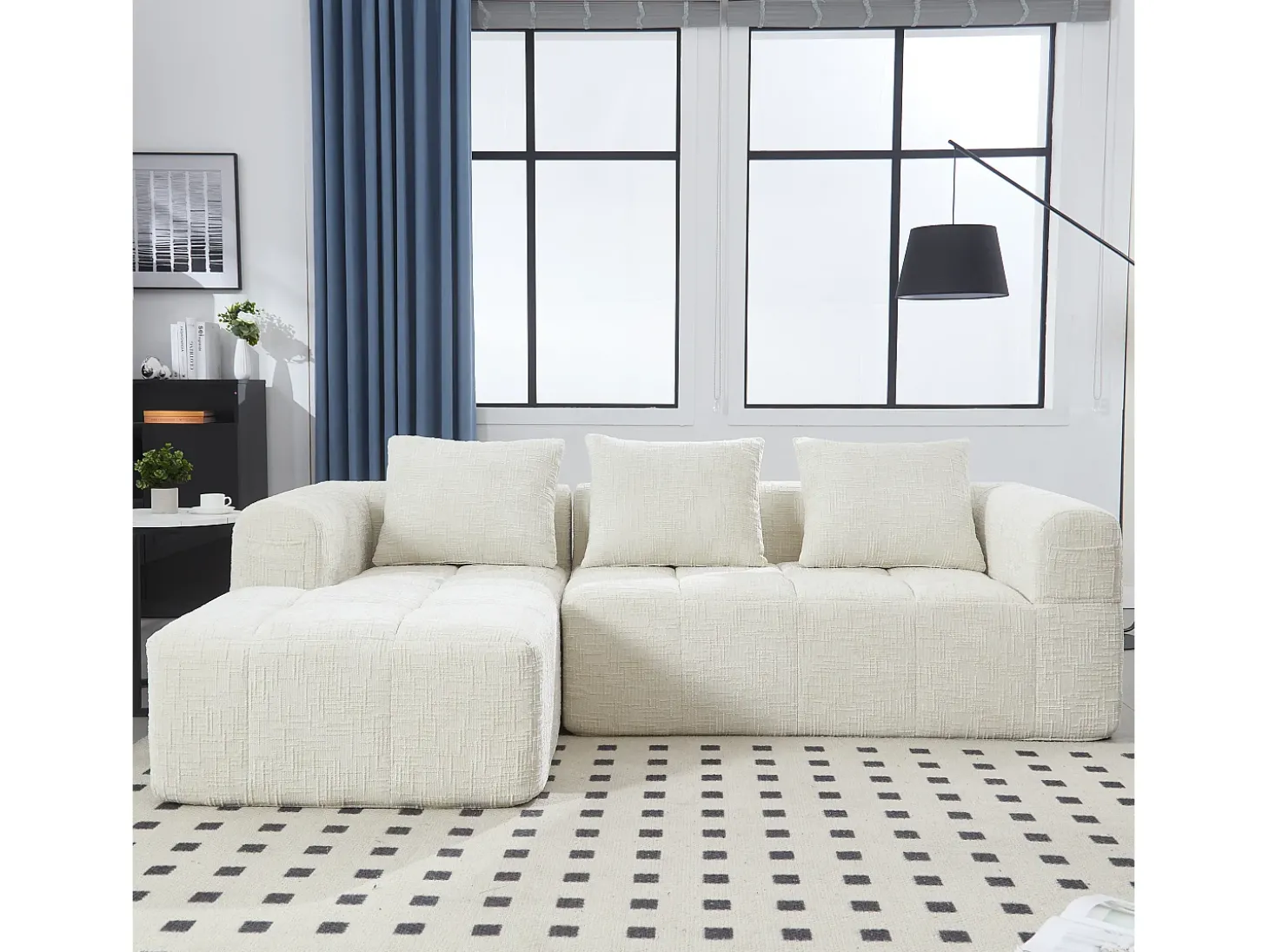 Sofá de canto em L de 3 lugares com 3 almofadas e bolso lateral - Chenille bege