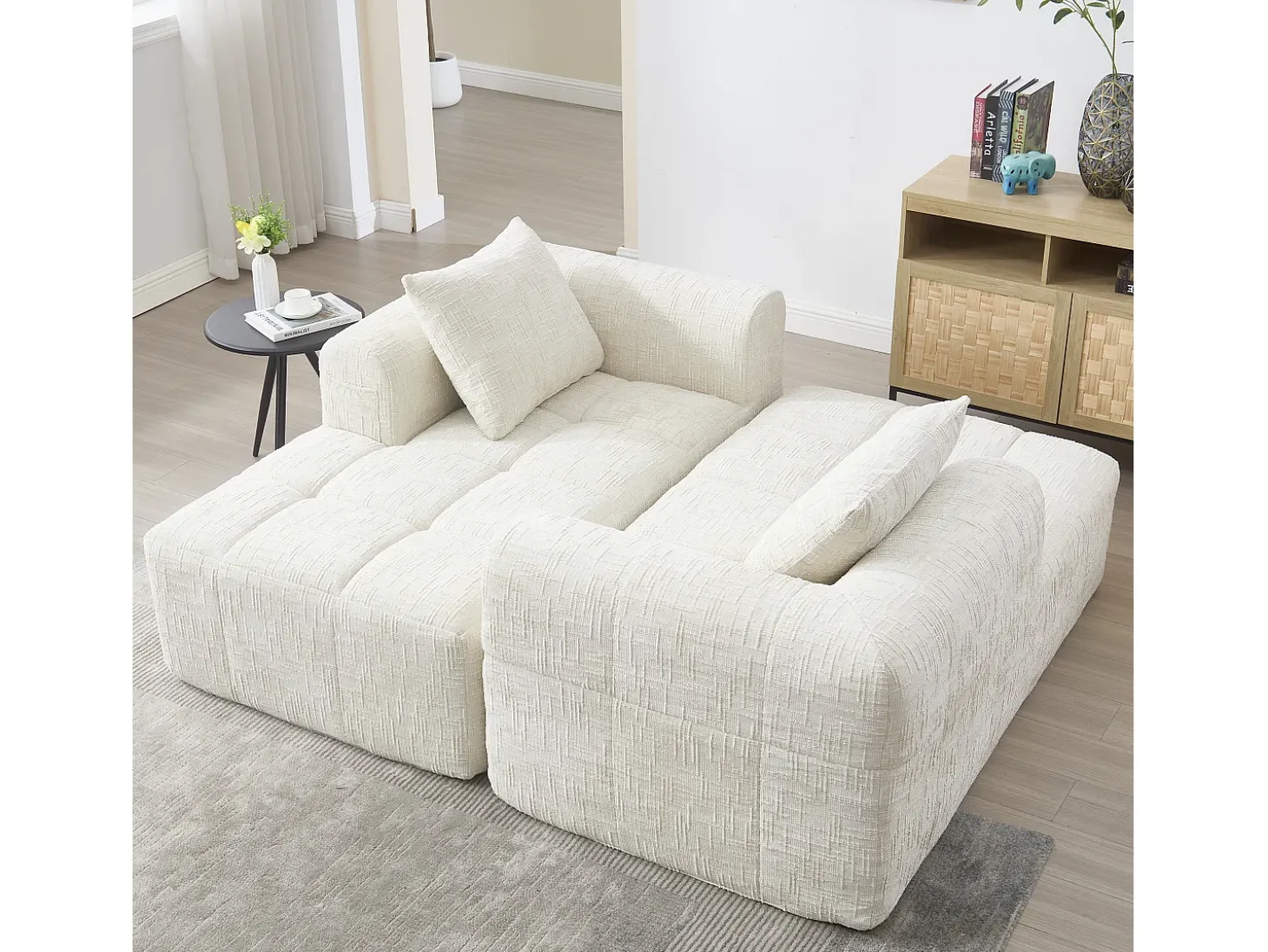 Sofá de canto em L de 3 lugares com 3 almofadas e bolso lateral - Chenille bege