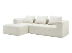 Sofá de canto em L de 3 lugares com 3 almofadas e bolso lateral - Chenille bege