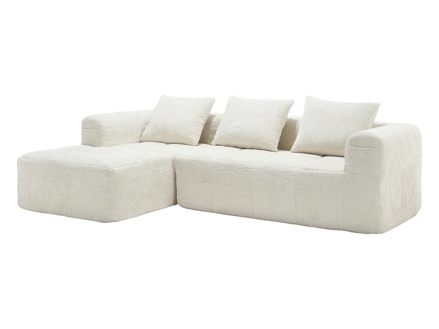 Sofá de canto em L de 3 lugares com 3 almofadas e bolso lateral - Chenille bege