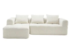 Sofá de canto em L de 3 lugares com 3 almofadas e bolso lateral - Chenille bege