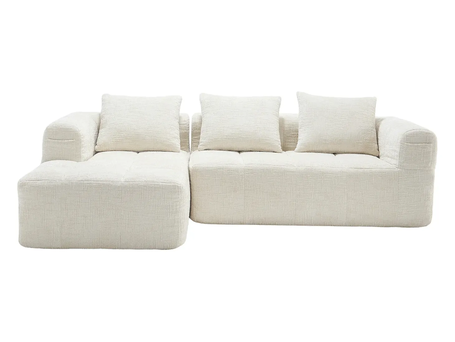 Sofá de canto em L de 3 lugares com 3 almofadas e bolso lateral - Chenille bege