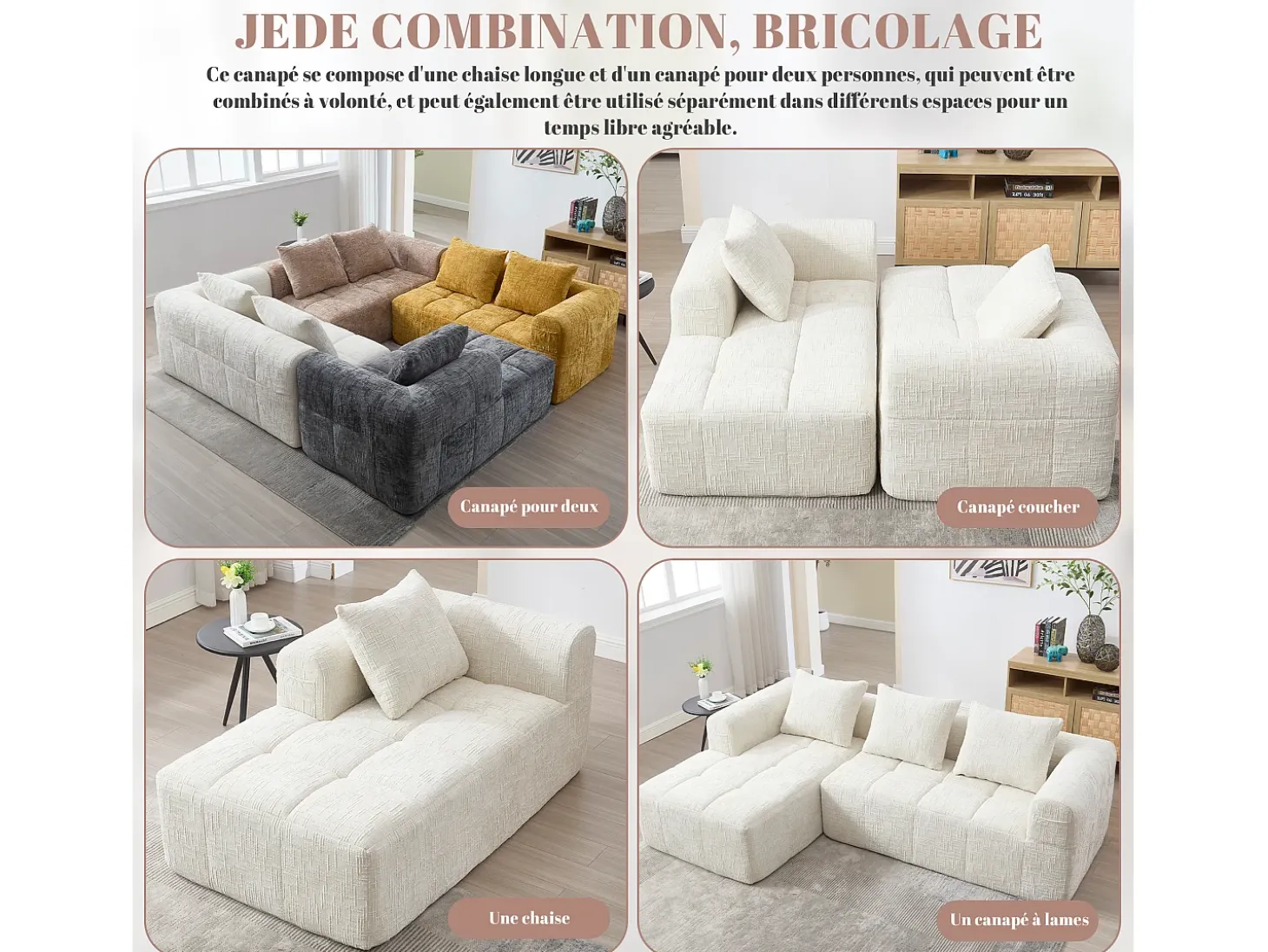 Sofá de canto em L de 3 lugares com 3 almofadas e bolso lateral - Chenille bege