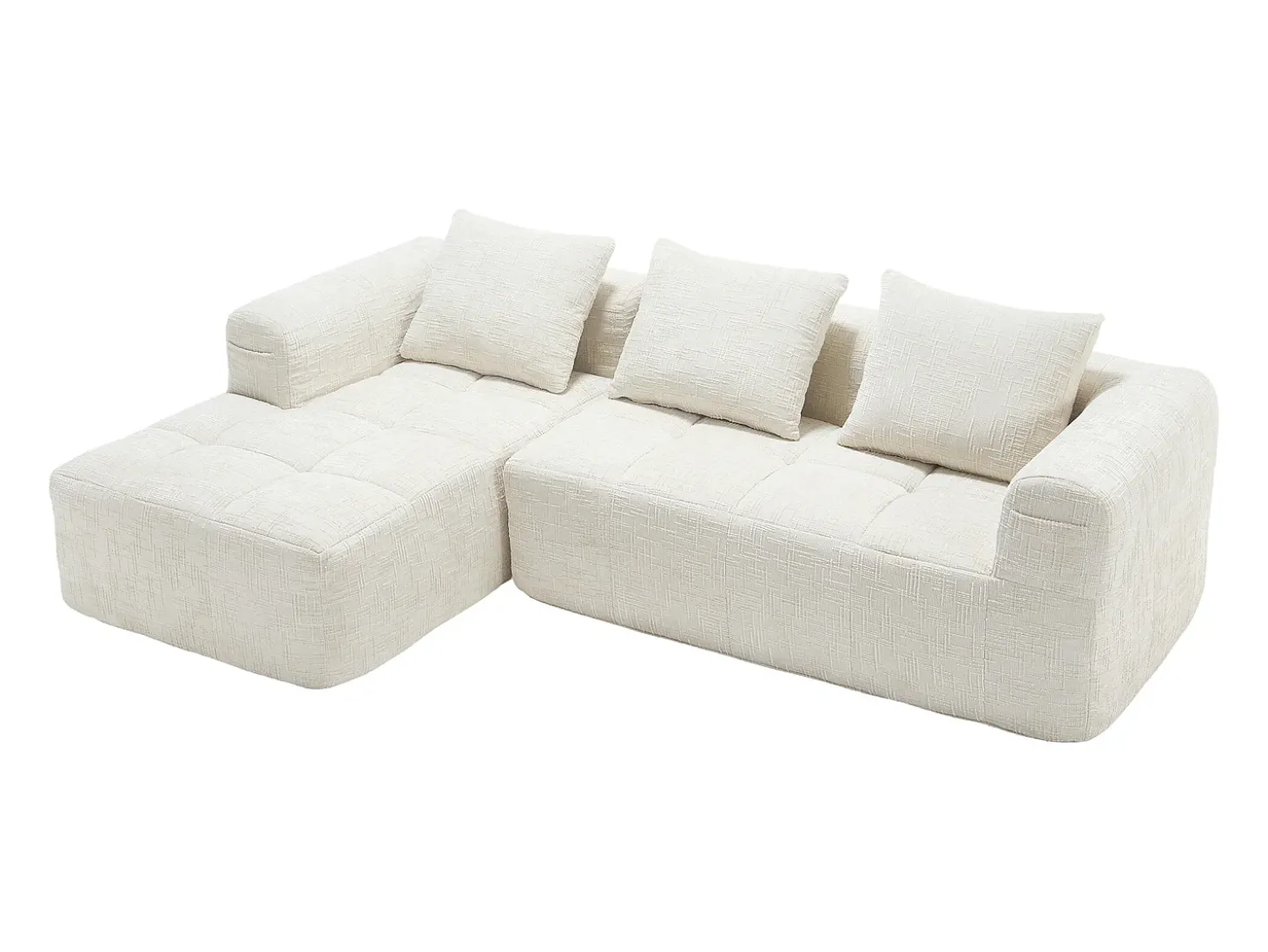 Sofá de canto em L de 3 lugares com 3 almofadas e bolso lateral - Chenille bege