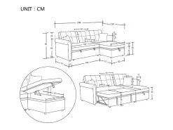 Sofá de canto em L de 3 lugares - Sofá-cama com arrumação e almofada - Tecido chenille bege