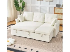 Sofá de canto em L de 3 lugares - Sofá-cama com arrumação e almofada - Tecido chenille bege
