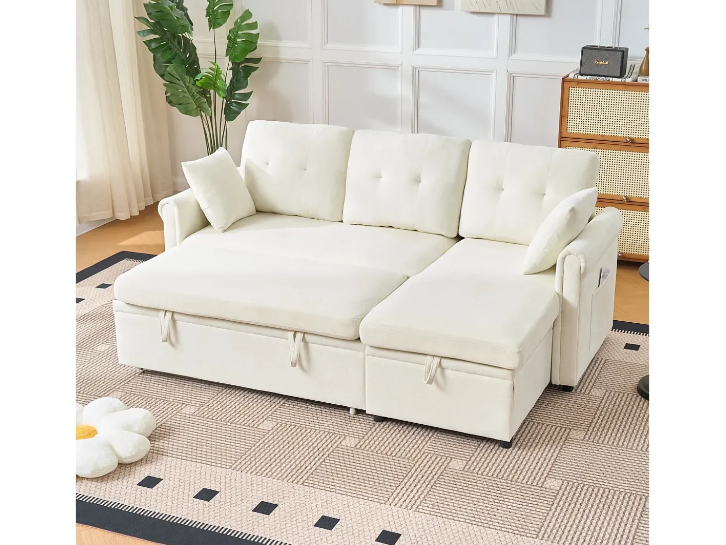 Sofá de canto em L de 3 lugares - Sofá-cama com arrumação e almofada - Tecido chenille bege