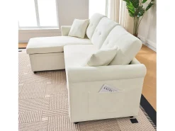 Sofá de canto em L de 3 lugares - Sofá-cama com arrumação e almofada - Tecido chenille bege