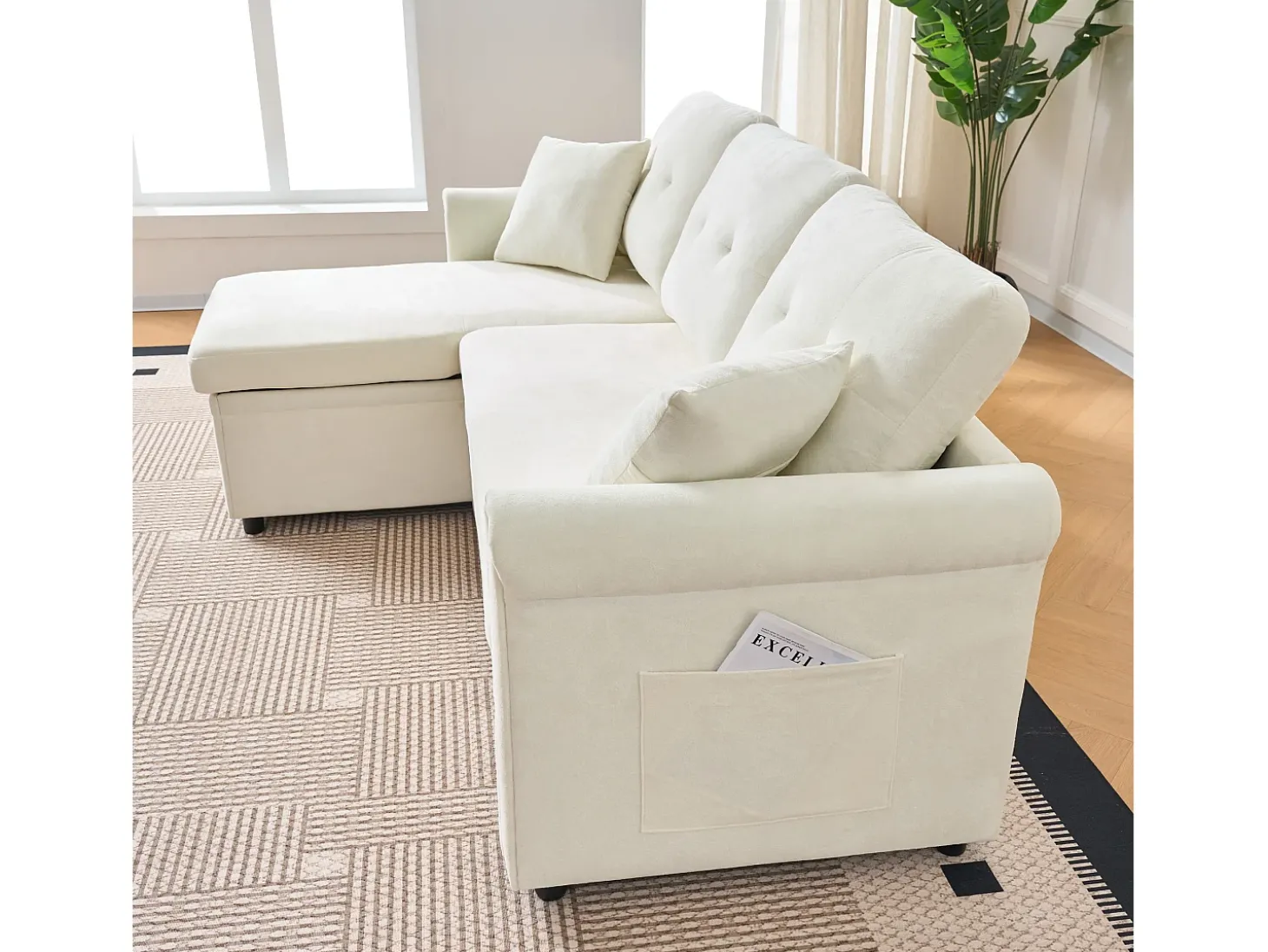Sofá de canto em L de 3 lugares - Sofá-cama com arrumação e almofada - Tecido chenille bege