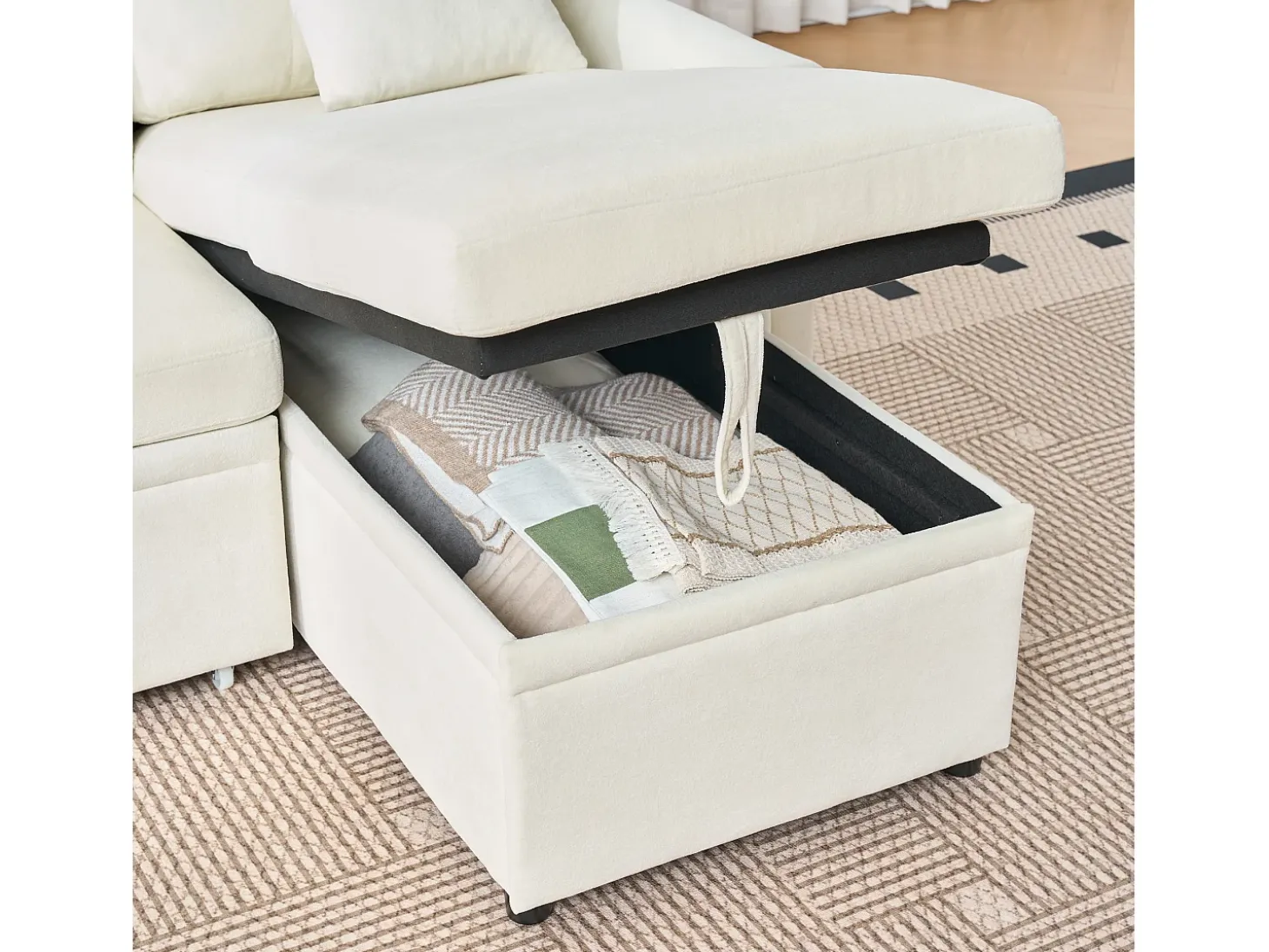 Sofá de canto em L de 3 lugares - Sofá-cama com arrumação e almofada - Tecido chenille bege