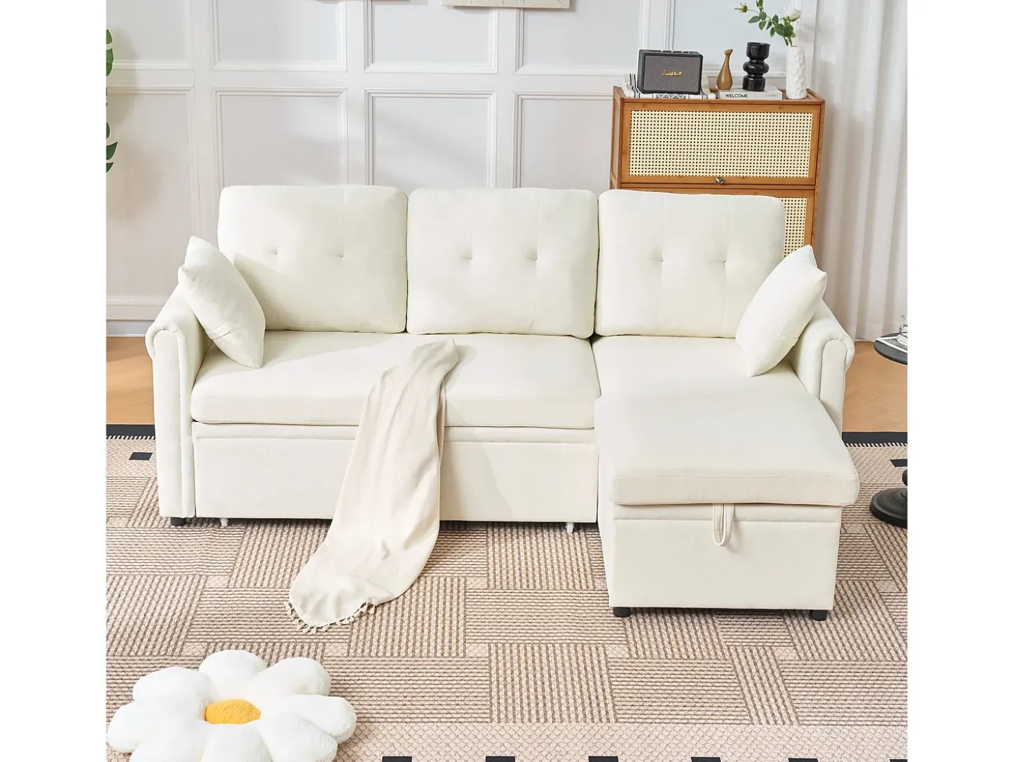 Sofá de canto em L de 3 lugares - Sofá-cama com arrumação e almofada - Tecido chenille bege