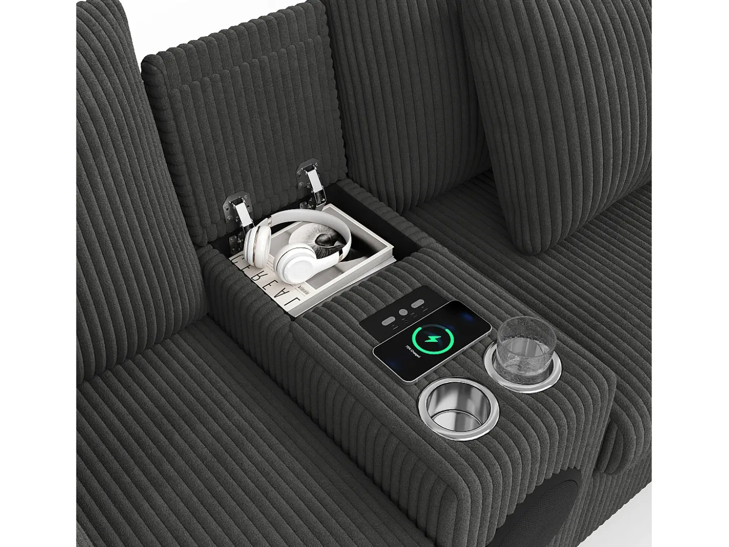 Sofá de canto em U ou L - con alto-falante Bluetooth - con espacio de armazenamento - carregador sem fio + porta USB - con porta-copos - con almofadas - cinza