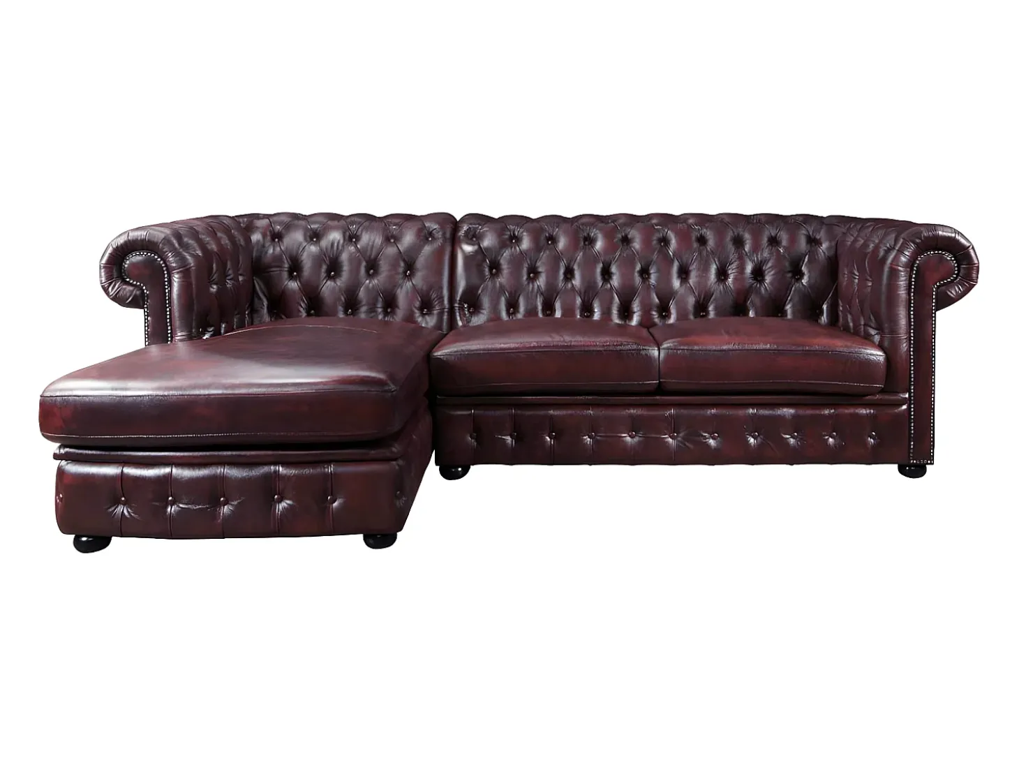 Sofá de canto esquerdo chesterfield 100% pele cereja BRENTON
