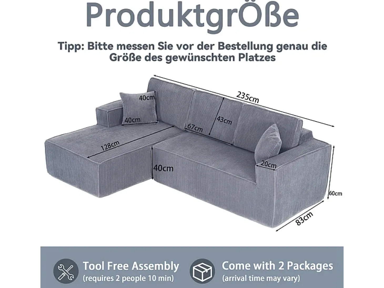 Sofá de canto esquerdo modular veludo canelado, 2 almofadas e chaise longue 128cm, Cinzento