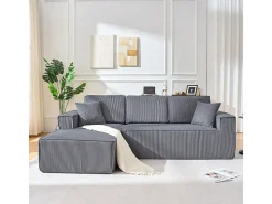 Sofá de canto esquerdo modular veludo canelado, 2 almofadas e chaise longue 128cm, Cinzento