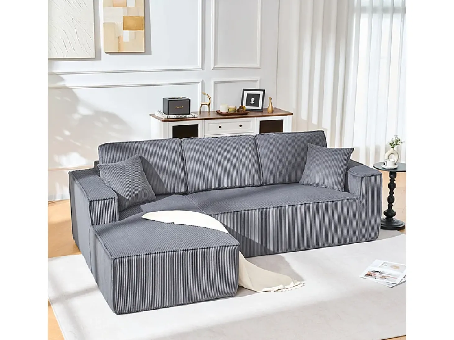 Sofá de canto esquerdo modular veludo canelado, 2 almofadas e chaise longue 128cm, Cinzento