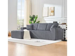 Sofá de canto esquerdo modular veludo canelado, 2 almofadas e chaise longue 128cm, Cinzento