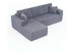 Sofá de canto esquerdo modular veludo canelado, 2 almofadas e chaise longue 128cm, Cinzento