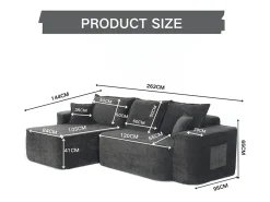 Sofá de canto esquerdo modular - Chenille Preto - 3 almofadas e 2 travesseiros - 262x144x65cm