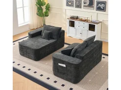Sofá de canto esquerdo modular - Chenille Preto - 3 almofadas e 2 travesseiros - 262x144x65cm