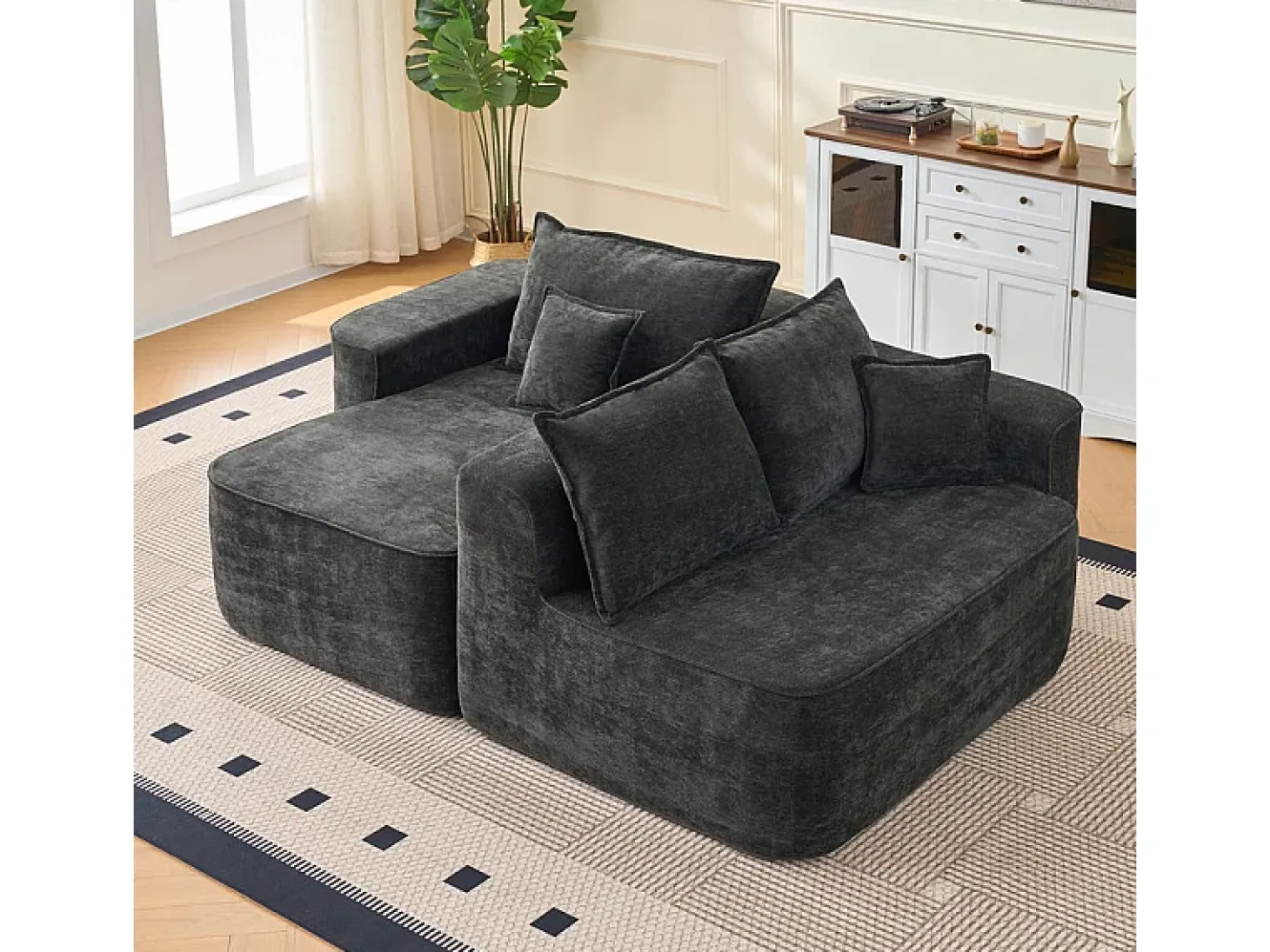 Sofá de canto esquerdo modular - Chenille Preto - 3 almofadas e 2 travesseiros - 262x144x65cm