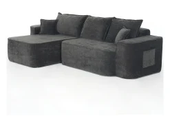 Sofá de canto esquerdo modular - Chenille Preto - 3 almofadas e 2 travesseiros - 262x144x65cm