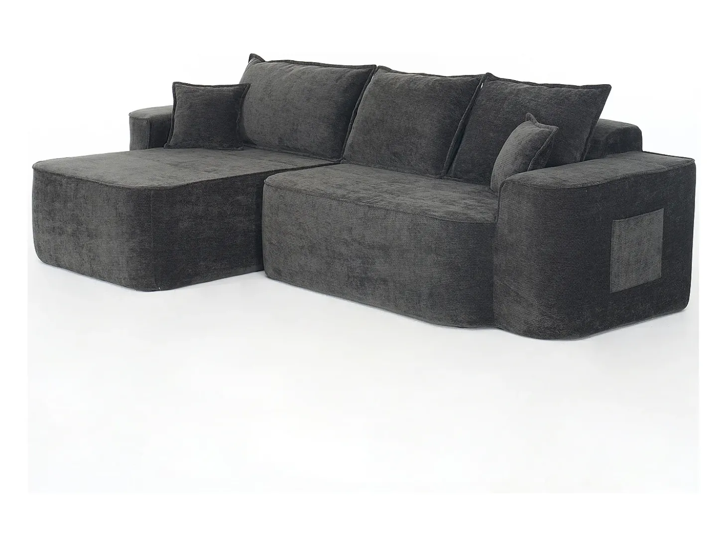 Sofá de canto esquerdo modular - Chenille Preto - 3 almofadas e 2 travesseiros - 262x144x65cm