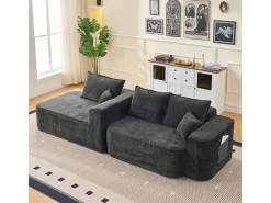 Sofá de canto esquerdo modular - Chenille Preto - 3 almofadas e 2 travesseiros - 262x144x65cm